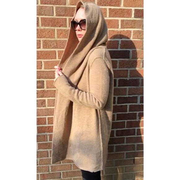 Vince Wool Yak Longline Hooded Cardigan Open Front Beige Sweater Coat M Classic - Picture 1 of 12